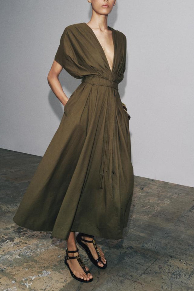 Deep Olive Pleated V-Neck Maxi Dress