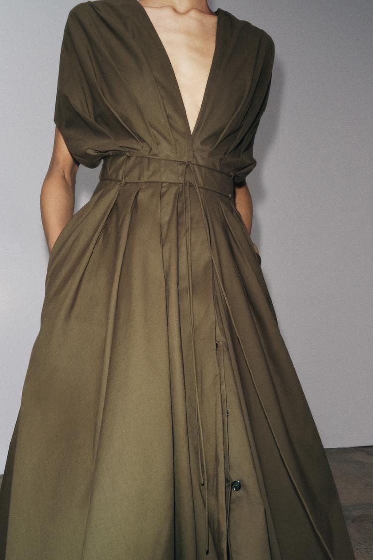 Deep Olive Pleated V-Neck Maxi Dress