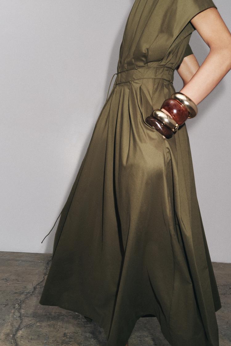 Deep Olive Pleated V-Neck Maxi Dress