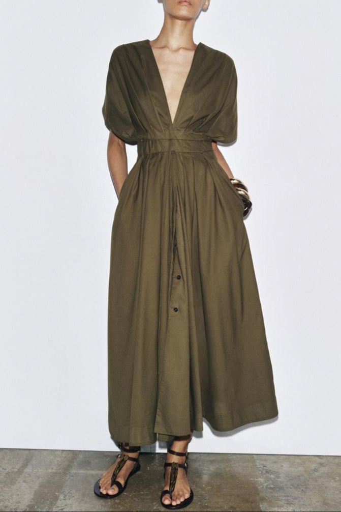 Deep Olive Pleated V-Neck Maxi Dress