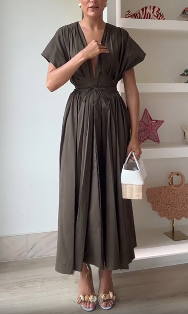 Deep Olive Pleated V-Neck Maxi Dress